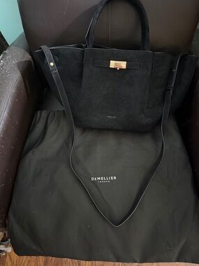 Faux de mellier black suede tote with gold accent